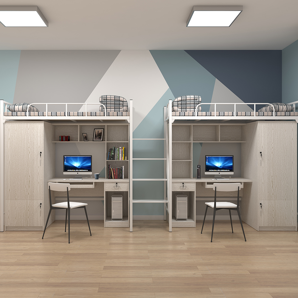 bunk beds with desks and storage